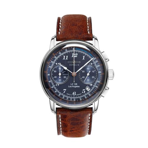 Zeppelin 7614-3 férfi karóra barna bőr szíjjal és kék számlappal, kronográf