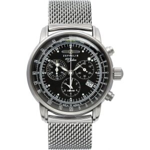 Zeppelin 7680M-2 100 Jahre férfi karóra fekete számlappal és ezüst rozsdamentes acél hálós karkötővel - Férfiaknak