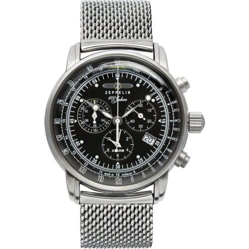 Zeppelin 7680M-2 100 Jahre férfi karóra fekete számlappal és ezüst rozsdamentes acél hálós karkötővel