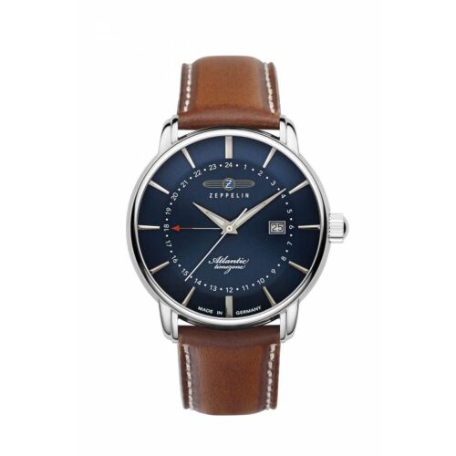 Zeppelin Atlantic Timezone férfi karóra kék számlappal és barna bőr szíjjal