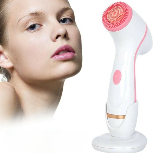 Różowa silikonowa szczotka do oczyszczania twarzy z 3 wymiennymi głowicami, obrotową głowicą, 4 prędkościami i 2 trybami