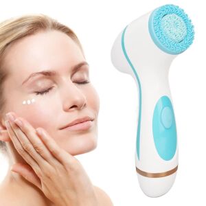 Žena, ktorá používa modrú a bielu silikónovú čistiacu kefu na tvár s 3 vymeniteľnými hlavicami, 4 rýchlosťami a 2 režimami - Zariadenie na starostlivosť o tvár