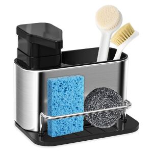 Spülmittelspender und Küchenorganizer aus Edelstahl mit rutschfestem Boden, zeigt das Produkt mit Schwämmen und Bürsten - Küchenvorratsregale