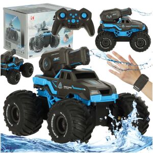 RC car, water blaster, remote control, black and blue, water resistant, off-road, monster truck, toy car, kids toy - Remote control vehicle