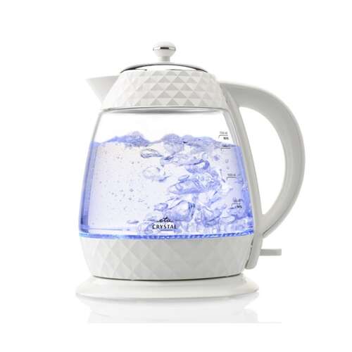 Eta Crystal sklenen kanvica s bielym podstavcom a diamantovým vzorom, vriaca voda s modrým svetlom