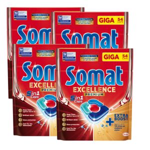 Somat Excellence 5v1 Tablety do umývačky riadu, 4 balenia po 54 kapsúl - Umývanie riadu v umývačkách