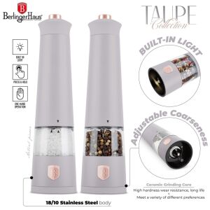 Set de morișcă electrică pentru piper și sare 2 în 1 Berlinger Haus Taupe Collection, cu lumină încorporată, grosime reglabilă și miez de măcinare ceramic - Suporturi pentru condimente