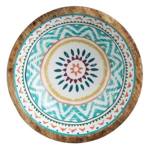 Azték mintás tál, zománcozott fa, átmérő 20x8cm, több színű