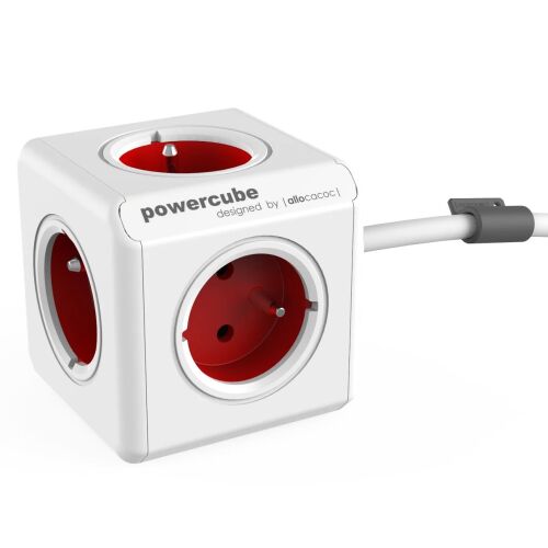Köbös hosszabbító kábel, Powercube by Allocacoc, 4 aljzat, 1,5 m, fehér/piros, elülső nézet