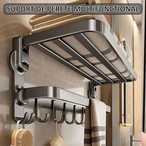 NEXTLY suport de perete multifuncțional pentru prosoape cu raft, cârlige și bară pentru prosoape, aluminiu, gri - Accesorii baie