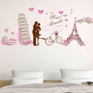 Sticker de perete Avalizard, roz și maro, temă romantică de călătorie, Turnul Eiffel, Turnul înclinat din Pisa, cuplu, bicicletă, fluturi, inimi, decor de perete - Panele & Autocolante de perete