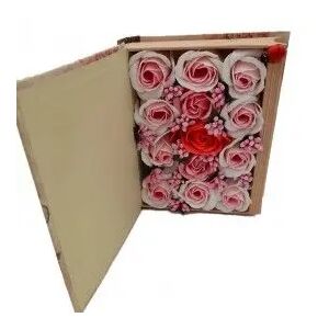 Virágkompozíció 13 rózsával könyv alakú dobozban, szappanvirágok, piros, rózsaszín, fehér, 11x9x6 cm