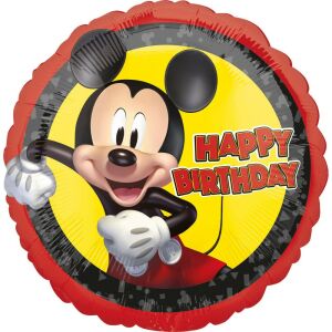 45 cm-es piros-fekete-sárga Mickey egér Happy Birthday kerek fólia lufi