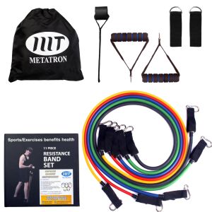 Set de benzi de rezistență METATRON de 11 piese cu accesorii: mânere, ancoră de ușă, curele pentru glezne și geantă de transport. - Modelare corporală