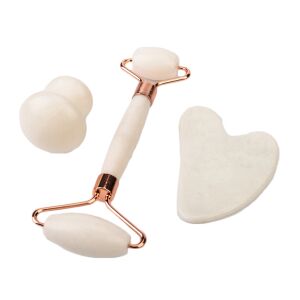 Set 3 piese din jad alb: rolă dublă, Gua Sha și piatră în formă de ciupercă, pentru masaj facial și corporal