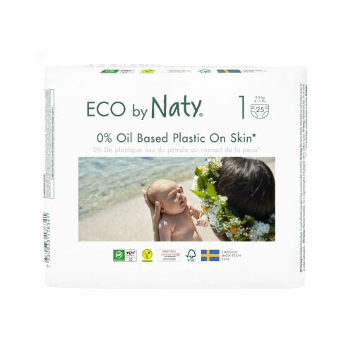 ECO by Naty Size 1 Diapers, 2-5 kg, 25 count pack, 0% Oil Based Plastic