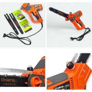 Haina HM-1397 8-calowa piła łańcuchowa elektryczna z dwoma dodatkowymi łańcuchami i prowadnicami, śrubokrętem i kablem zasilającym - kolaż - Budowa i renowacja