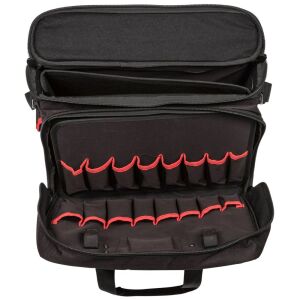 Geantă pentru scule Knipex 00 21 10 LE, neagră și roșie, deschisă, arătând compartimentele interioare și buzunarele - Construcții și renovări