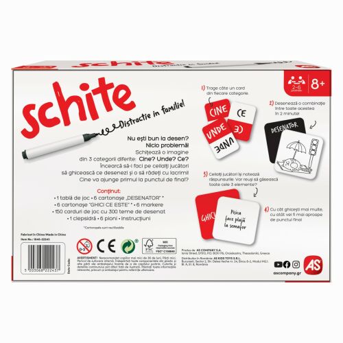 Schițe társasjáték doboz, amely a játék nevét, logóját és néhány játékkomponensét mutatja