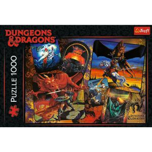 Trefl 1000 darabos Dungeons & Dragons kirakós, melyen fantasy jelenetekből álló kollázs látható sárkányokkal, varázslókkal és lovagokkal - Puzzle & Kirakó