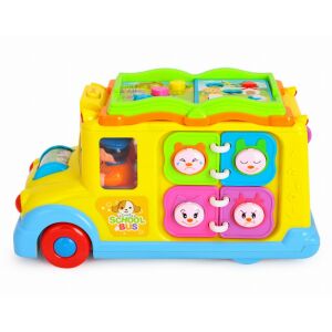 Hola Toys Iskolabusz fényekkel és hangokkal, interaktív játék babáknak és kisgyermekeknek, sárga iskolabusz színes részletekkel, oldalnézet - Hola