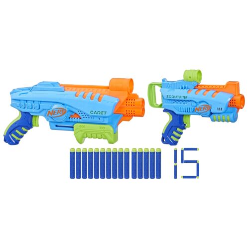 Nerf Elite Jr Ultimate Starter Set, 2 db blaster, 15 nyíl, Nerf Cadet és Scoutfire blasterek, kék, narancs, zöld