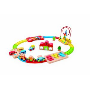 Set de tren din lemn Hape Rainbow Puzzle cu xilofon, tamburină și sortare de forme - Tren, element feroviar, autostradă