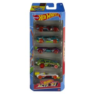 Set de 5 mașini de jucărie Hot Wheels Action, cu 5 mașini diferite din metal turnat sub presiune, în diverse culori și stiluri - Mercaton