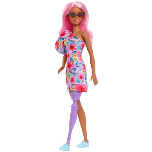 DIVATOS BARBIE BABA RÓZSASZÍN HAJJAL ÉS LÁBPROTÉZISSEL