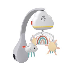 Fisher-Price 2 в 1 Мобиле и Успокоител, сив мобиле във формата на облак с играчки във формата на дъга и слънце, свири музика и прожектира светлини - Музикално въртене, прожектиране на въртене