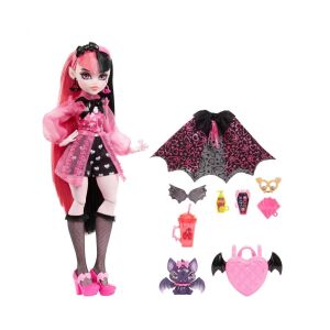 Lalka Monster High Draculaura z nietoperzem i akcesoriami, różowy strój, czarne i różowe włosy, torebka w kształcie serca, skrzydła nietoperza, okulary przeciwsłoneczne i wiele innych - Mattel Baba