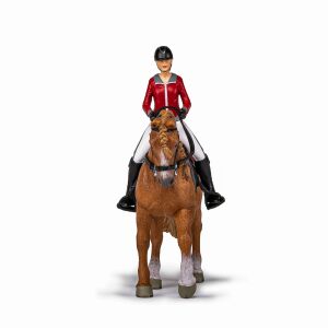 Papo Ló és Lovas Szett, barna ló fehér foltokkal, lovas piros dzsekiben és fekete sisakban, elülső nézet - Figura