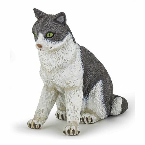Papo Ülő Macska Figur, realisztikus, kézzel festett, szürke és fehér macska játék, gyerekeknek