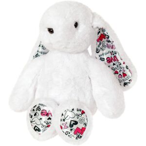 Biała pluszowa zabawka królik, 35cm, z sercami miłości i znakami pokoju na uszach i łapach - Interaktywna gra dla dzieci, LEGO DUPLO, Indiański namiot, Gra rozwojowa dla małych dzieci, Interaktywny pluszak i Plusz