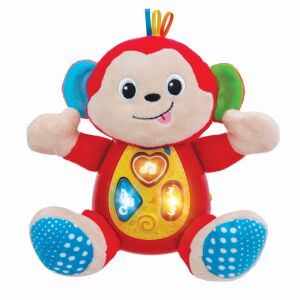 WINFUN Sing 'n Learn With Me Monkey interaktywna pluszowa zabawka dla niemowląt, czerwony i niebieski pluszowy małpa z podświetlanymi przyciskami - Interaktywny pluszak