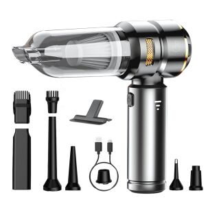 Mini autós porszívó, Bragus, teljesítmény 16000 PA, akkumulátor 6000 mAh, 100W, 90000 RPM, 3 szűrővel, kefe nélküli motor, 3 sebesség, 9 tartozék, száraz szívás/fúvás/porszívó, otthonra és au