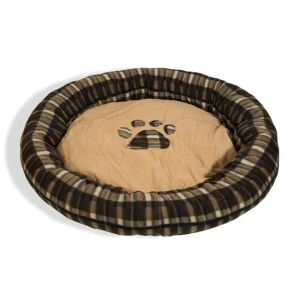 Pat de câine rotund din material tartan maro, cu design cu amprentă de labă, diametru 80 cm - Paturi pentru câini