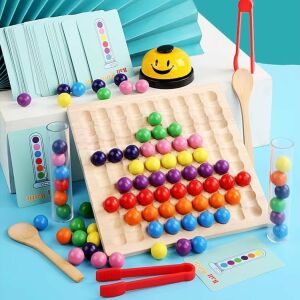 Drevená hra s guľôčkami s farebnými guľôčkami, trubicami, lyžičkou, kliešťami a zvončekom - Hračky pre rozvoj škôlkarov
