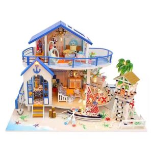 Legend of the Blue Sea fából készült babaház készlet, kék és fehér tengerparti ház világítással és bútorokkal, 32x21.5x21 cm - Babaház