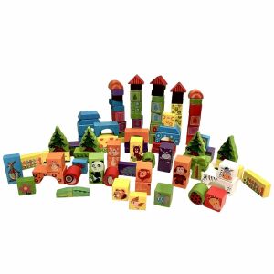 Építőkészlet 102 fakockával, állatok és a környezet, 3 éves kortól, több színű