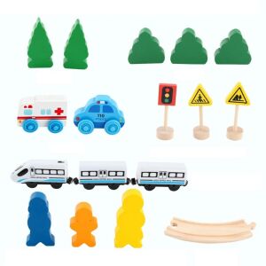 Elektrická drevená súprava vlaku s magnetickými časťami a príslušenstvom, 26 dielov, od 3 rokov, viacfarebná - Vlak, železničný prvok, diaľnica