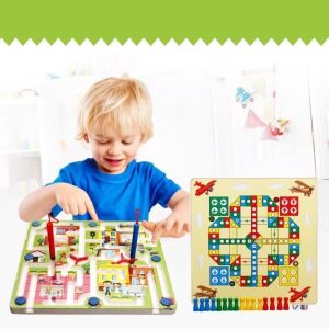 Dieťa hrá s Labirintus 2 v 1 dreveným labyrintom a hrou na lietajúci šach - Hračky pre rozvoj škôlkarov