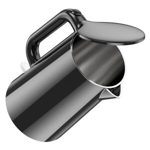 Elektrická kanvica HOCO HE11, čierna, 1,7L, z nehrdzavejúcej ocele, otvorený kryt, pohľad pod uhlom - Hoco