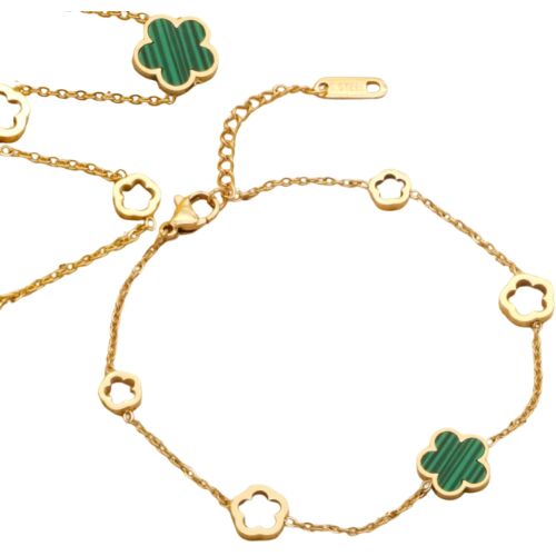 Arany sebészeti acél karkötő zöld virággal, női ékszer