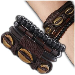 Férfi fekete barna bőr PUNK karkötő - 4 darabos kagylós készlet