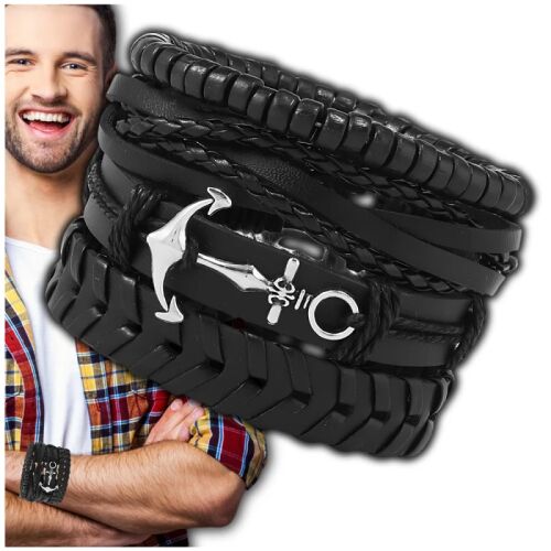 PUNK fekete bőr férfi karkötő készlet - 4 db-os horgonnyal 123407210