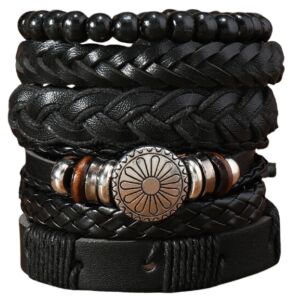 Férfi bőr karkötő készlet gyöngyökkel és fém díszekkel