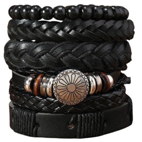 Férfi bőr karkötő készlet gyöngyökkel és fém díszekkel 123407494