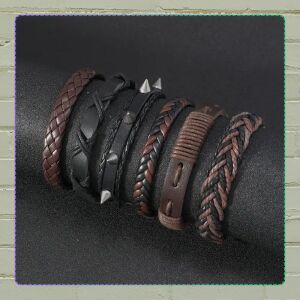 6 db barna férfi bőr karkötő szett szabályozóval