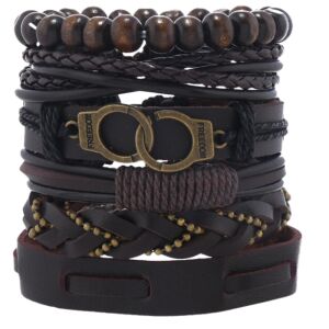 6 db barna férfi fonott bőr karkötő készlet